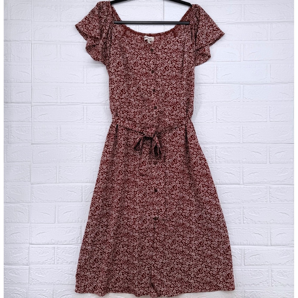 Monteau Midi Dress Womens XL Burgundy Floral Flutter Sleeve Button Front Belted